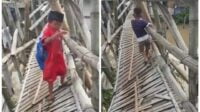 Demi menuntut ilmu  Anak-anak yang akan Mengaji Terpaksa Lewat Jembatan Nyaris Roboh di Kronjo