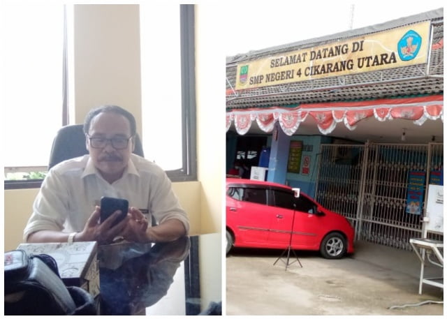 Keterangan Photo : Kusuma Ridwan Kepala Bidang SMP Dinas Pendidikan Kab Bekasi (Kiri) Gedung SMPN 4 Cikarang Utara (Kanan) Doc : sWara45 Tim Bekasi
