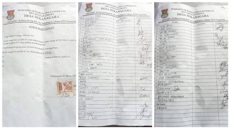 Dokumen Tandatangan 59 Warga Penolakan Pejabat RT 03/01, senin (06/03/2023)