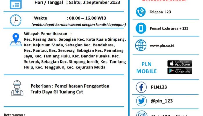 Hari Ini, PLN Kualasimpang Padamkan Lisrik 8 Jam, Ada Pemeliharaan Penggantian Trafo Daya Gi Tualang Cut