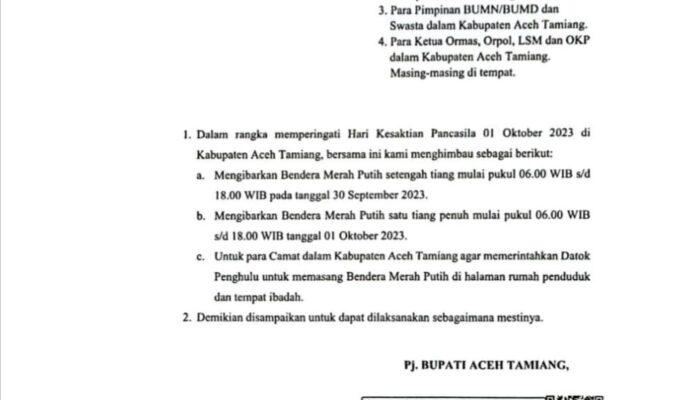 Pemkab Aceh Tamiang Himbau Pengibaran Bendera Merah Putih pada Peringatan Hari Kesaktian Pancasila