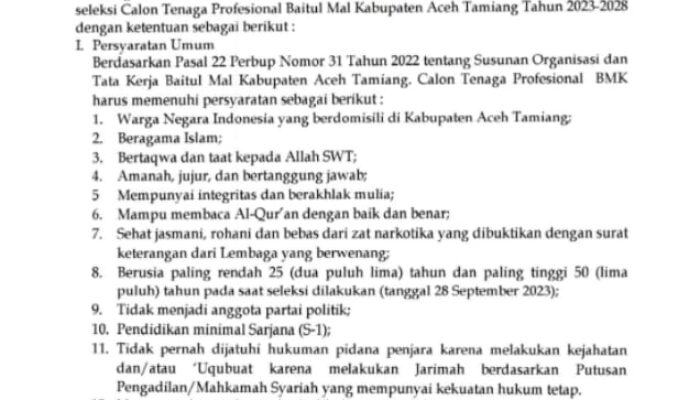 Baitul Mal Kabupaten Aceh Tamiang Buka Rekrutmen Seleksi Calon Tenaga Kerja