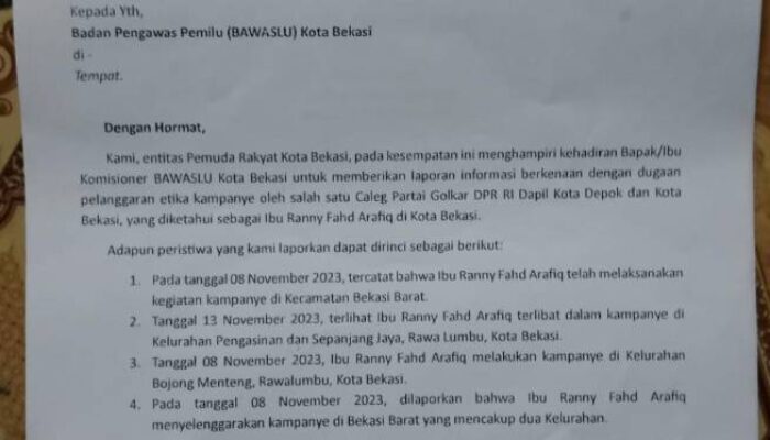 Diduga Lakukan Pelanggaran Kampanye, Aliansi Pemuda Rakyat Melawan Laporkan Caleg DPR RI Ke Bawaslu