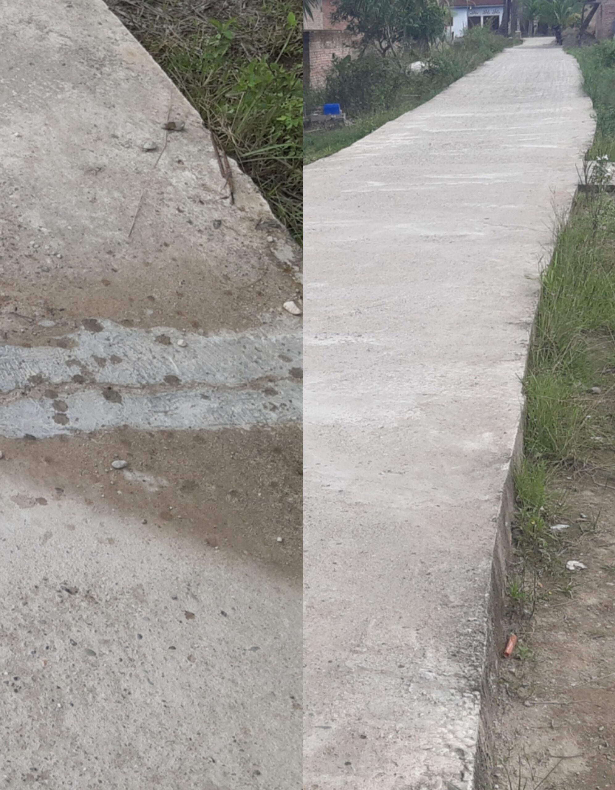 Poto : Kondisi rabat beton yang retak dan bergelombang di Dusun Pertemuan Kampung Gelung Kecamatan Seruway, Minggu (28/1/2024). Dok : SWARA45.COM/Afrizal)