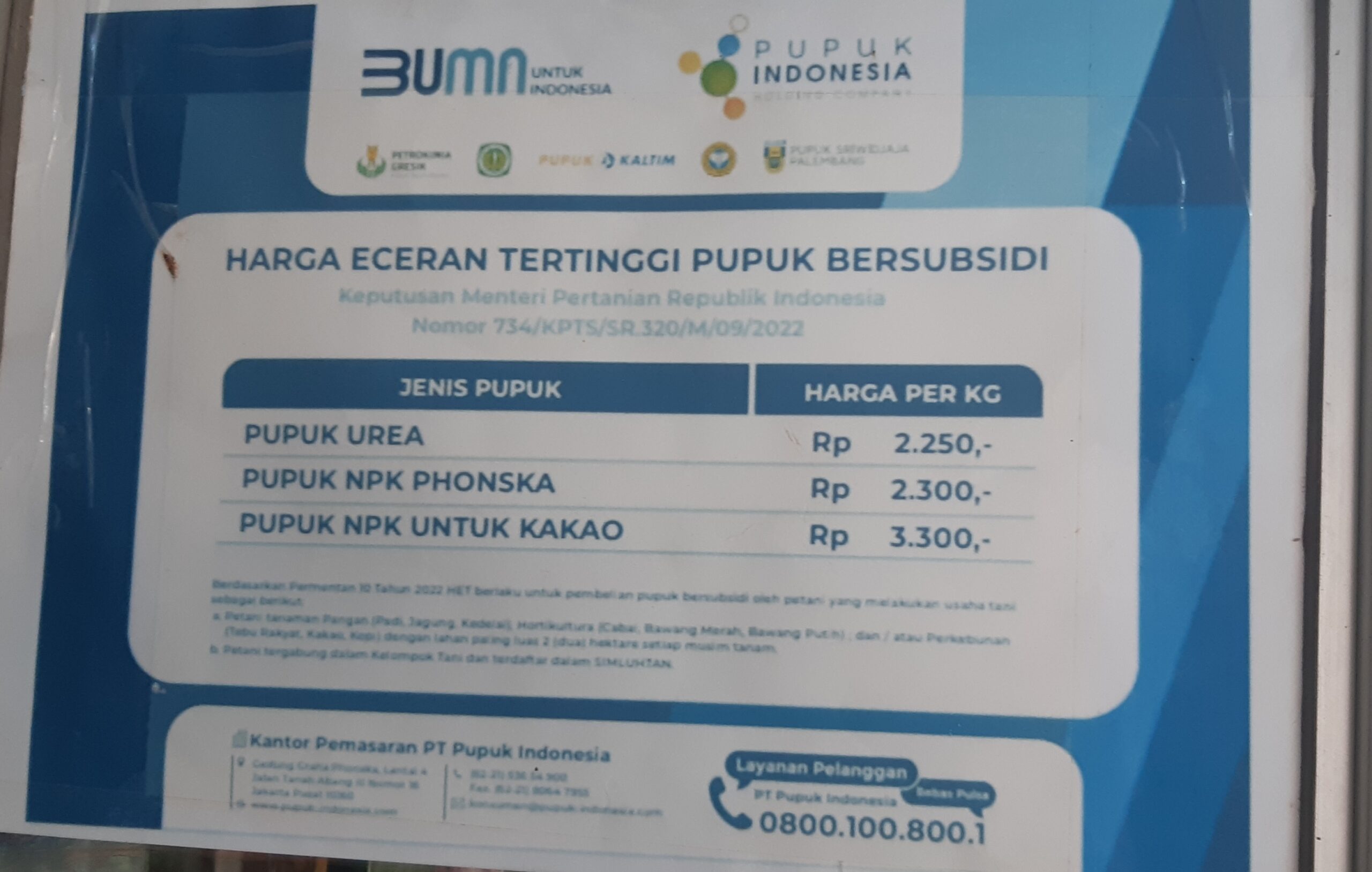 Poto : Harga Eceran Tertinggi Pupuk Bersubsidi keputusan menteri pertanian republik indonesia nomor 734/KPTS/SR.320/M/09/2022.