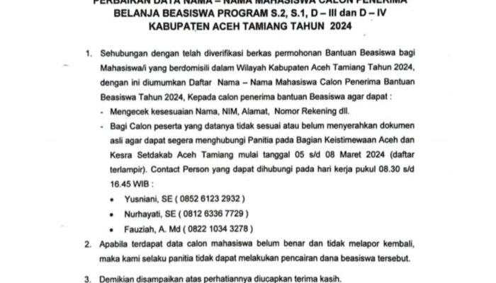Revisi Data Mahasiswa Calon Penerima Beasiswa Aceh Tamiang Tahun 2024