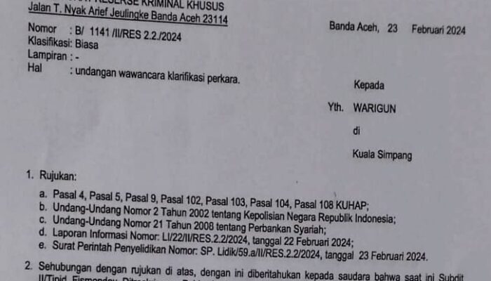 Kredit Macet Ubi Kayu BAS Naik Kelas di Polda Aceh