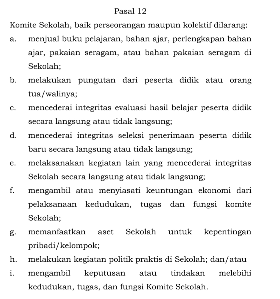 Screenshots bagaian lembaran Peraturan Menteri Pendidikan dan Kebudayaan Republik Indonesia Nomor 75 Tahun 2016 Tentang Komite Sekolah