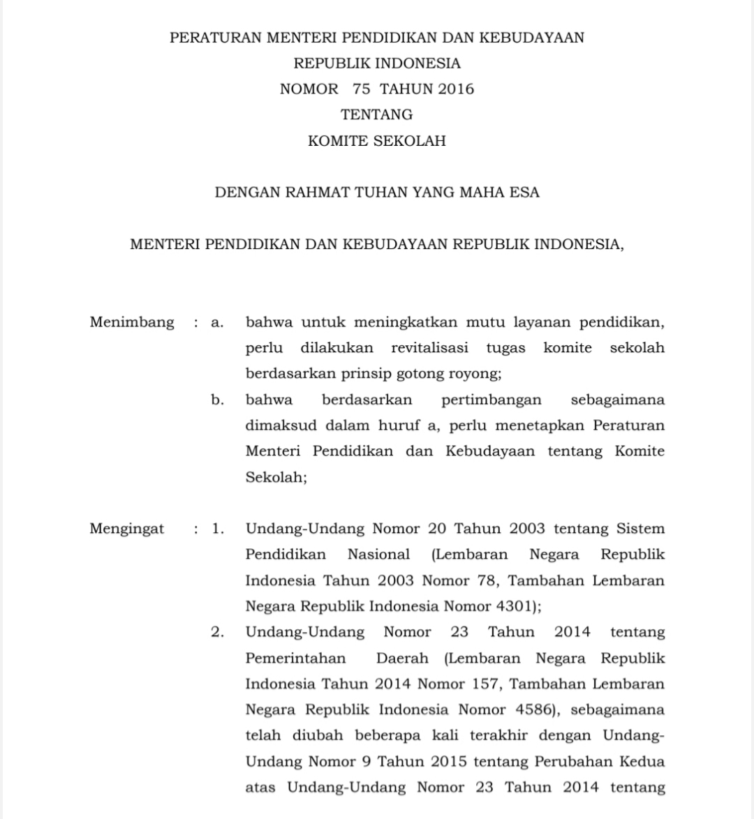 Screenshots bagaian lembaran Peraturan Menteri Pendidikan dan Kebudayaan Republik Indonesia Nomor 75 Tahun 2016 Tentang Komite Sekolah