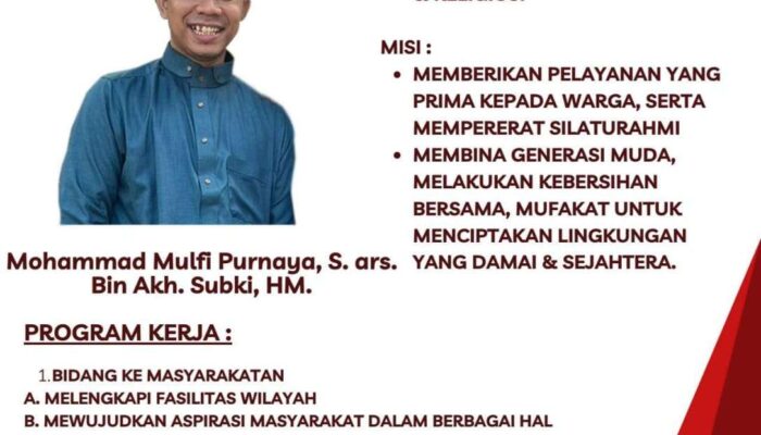 Calon Ketua RT 004/RW 002 Kamal Mohammad mulfi Purnaya: Mewujudkan kampung Yang Aman, Sehat, Cerdas, Berbudaya dan Berakhlak Mulia