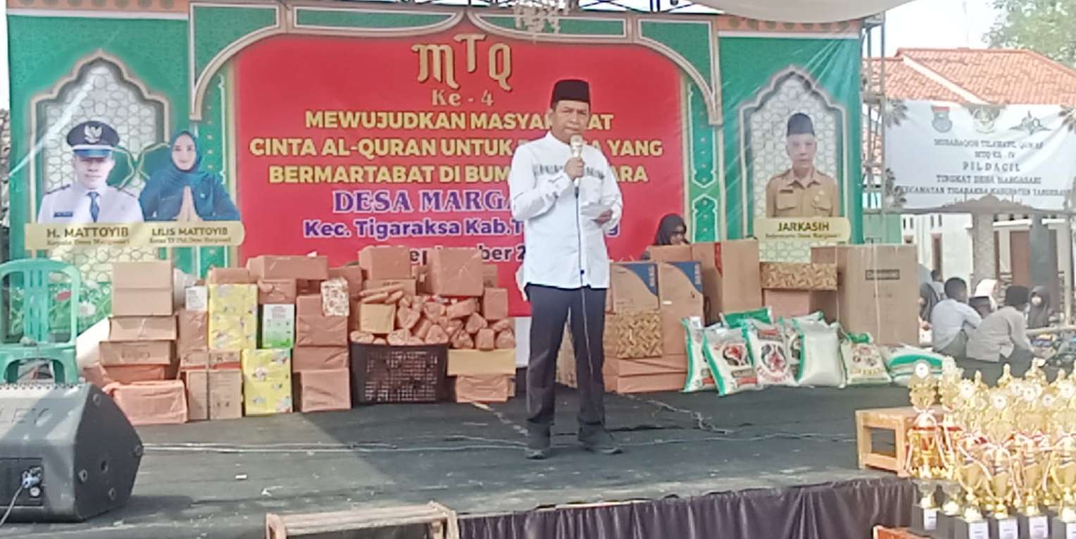 Foto: Kepala Desa Margasari, H. Mattoyib, dalam sambutannya menyampaikan apresiasi tinggi kepada panitia dan masyarakat yang antusias mendukung terselenggaranya MTQ ke-IV, Sabtu 27/09/2025.