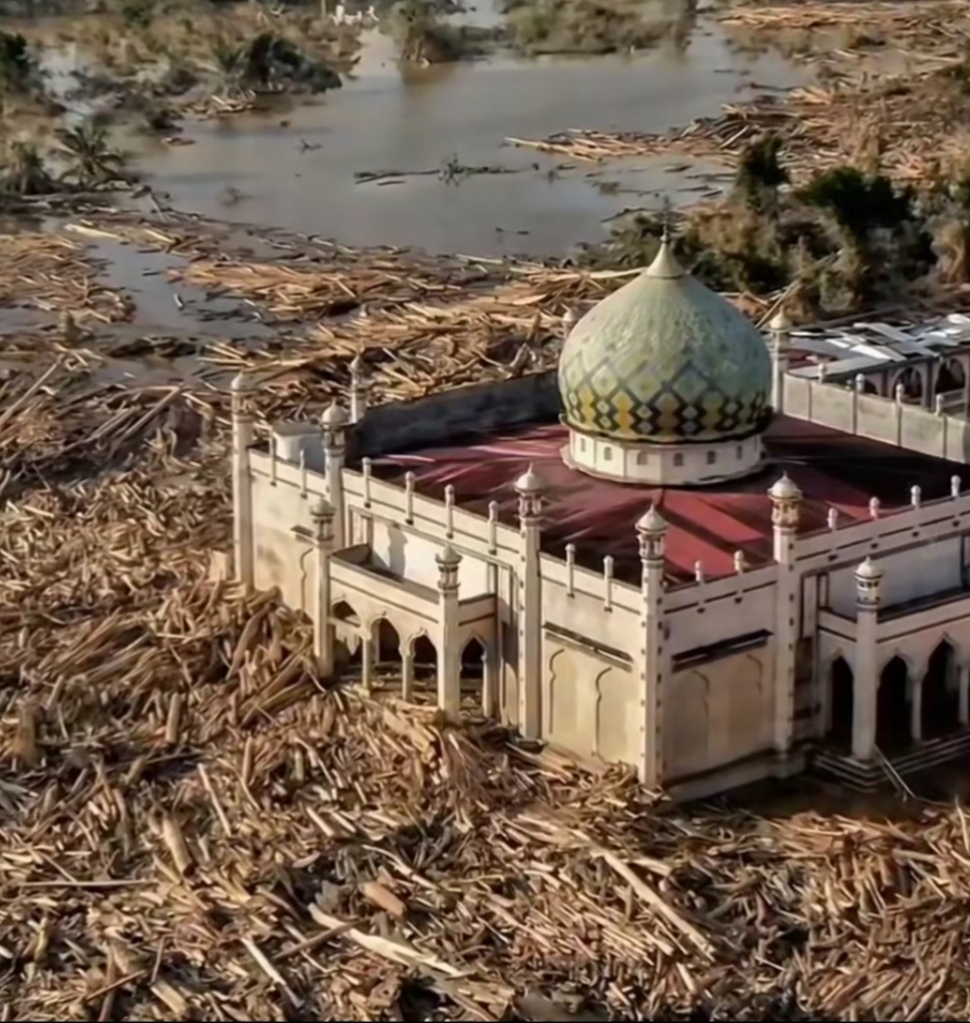 Kayu-kayu menumpuk setelah usai paska bencana banjir di Pasantren yang terletak di Desa Tanjung Karang Kabupaten Aceh Tamiang.